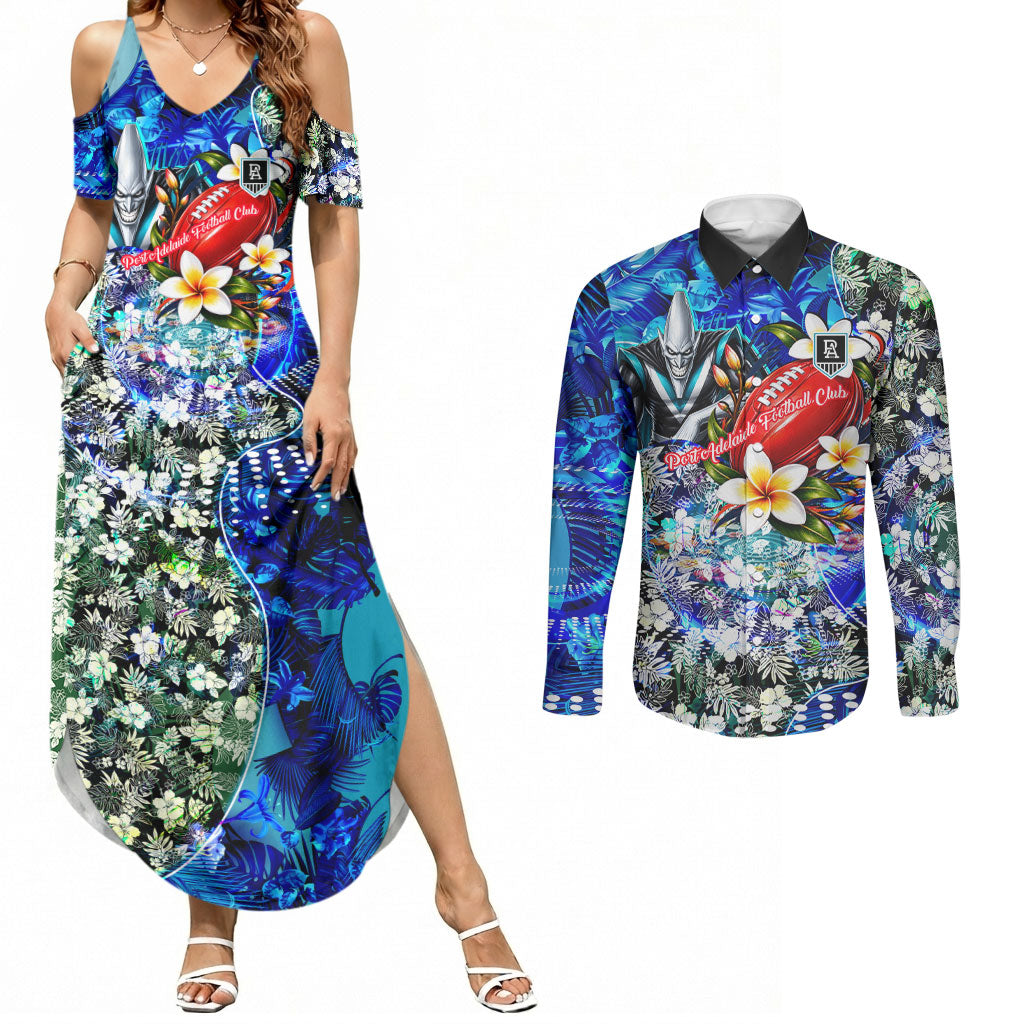 Personalized Port Adelaide Football Power Couples Matching Summer Maxi Dress and Long Sleeve Button Shirt Tropical Hibiscus Flowers - Pacific Fusion Style