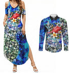 Personalized Port Adelaide Football Power Couples Matching Summer Maxi Dress and Long Sleeve Button Shirt Tropical Hibiscus Flowers - Pacific Fusion Style