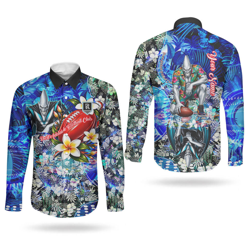 Personalized Port Adelaide Football Power Couples Matching Summer Maxi Dress and Long Sleeve Button Shirt Tropical Hibiscus Flowers - Pacific Fusion Style