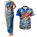Personalized Port Adelaide Football Power Couples Matching Tank Maxi Dress and Hawaiian Shirt Tropical Hibiscus Flowers - Pacific Fusion Style