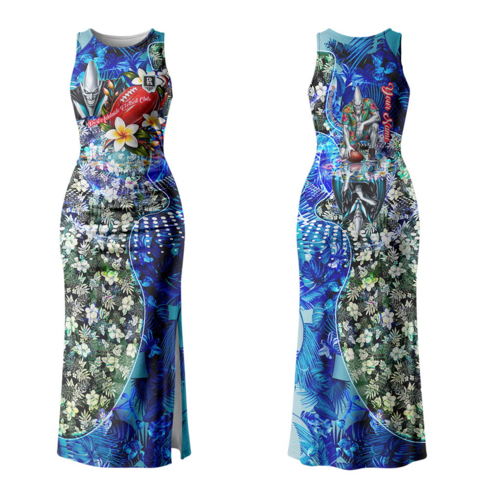Personalized Port Adelaide Football Power Couples Matching Tank Maxi Dress and Hawaiian Shirt Tropical Hibiscus Flowers - Pacific Fusion Style