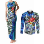 Personalized Port Adelaide Football Power Couples Matching Tank Maxi Dress and Long Sleeve Button Shirt Tropical Hibiscus Flowers - Pacific Fusion Style