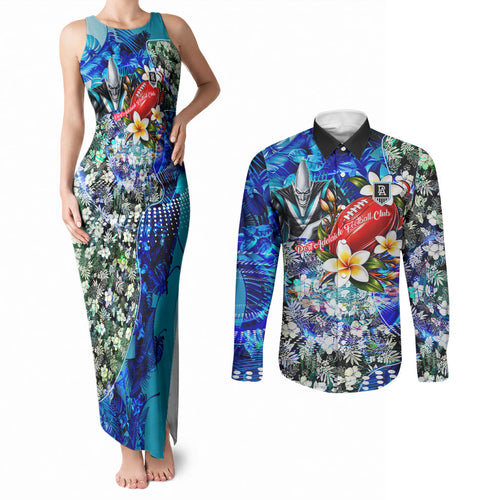 Personalized Port Adelaide Football Power Couples Matching Tank Maxi Dress and Long Sleeve Button Shirt Tropical Hibiscus Flowers - Pacific Fusion Style