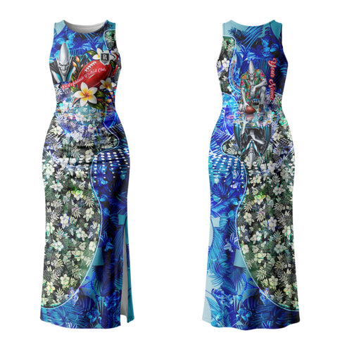 Personalized Port Adelaide Football Power Couples Matching Tank Maxi Dress and Long Sleeve Button Shirt Tropical Hibiscus Flowers - Pacific Fusion Style