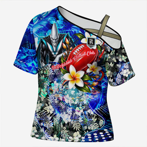 Personalized Port Adelaide Football Power Cross Shoulder Shirt Tropical Hibiscus Flowers - Pacific Fusion Style