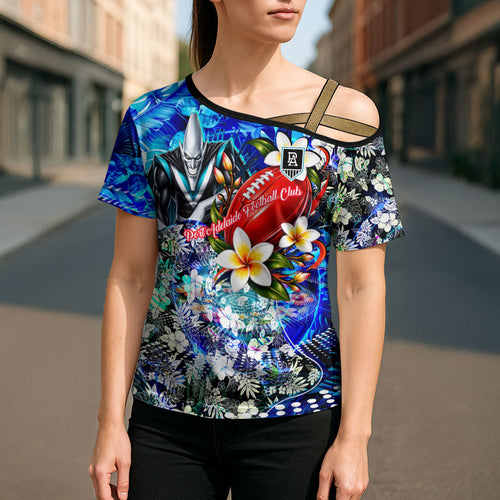 Personalized Port Adelaide Football Power Cross Shoulder Shirt Tropical Hibiscus Flowers - Pacific Fusion Style