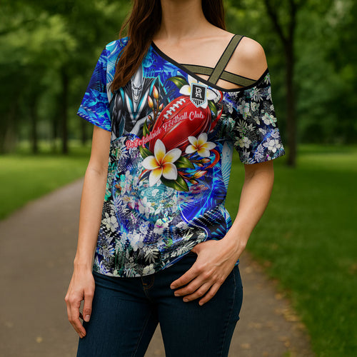 Personalized Port Adelaide Football Power Cross Shoulder Shirt Tropical Hibiscus Flowers - Pacific Fusion Style