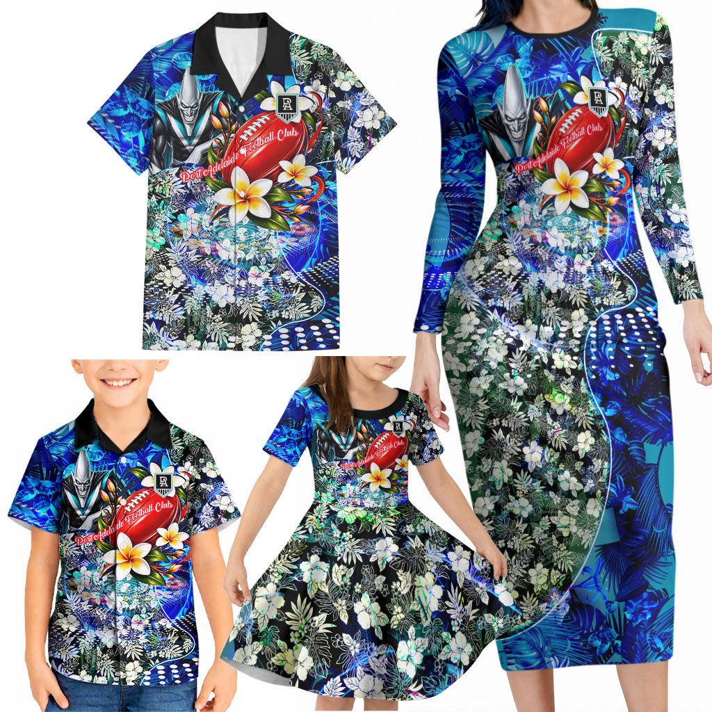 Personalized Port Adelaide Football Power Family Matching Long Sleeve Bodycon Dress and Hawaiian Shirt Tropical Hibiscus Flowers - Pacific Fusion Style