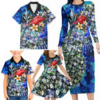 Personalized Port Adelaide Football Power Family Matching Long Sleeve Bodycon Dress and Hawaiian Shirt Tropical Hibiscus Flowers - Pacific Fusion Style