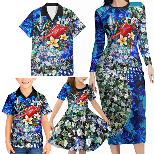 Personalized Port Adelaide Football Power Family Matching Long Sleeve Bodycon Dress and Hawaiian Shirt Tropical Hibiscus Flowers - Pacific Fusion Style