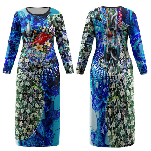 Personalized Port Adelaide Football Power Family Matching Long Sleeve Bodycon Dress and Hawaiian Shirt Tropical Hibiscus Flowers - Pacific Fusion Style