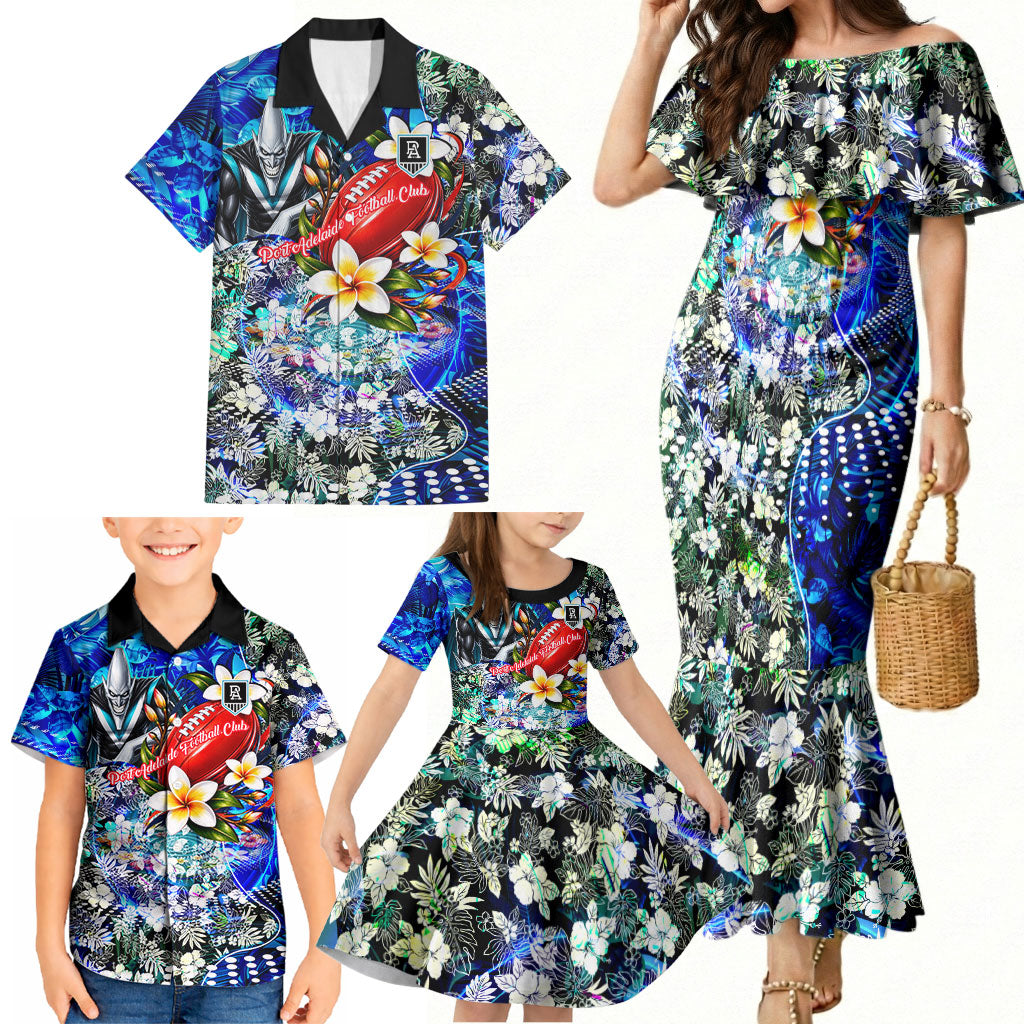Personalized Port Adelaide Football Power Family Matching Mermaid Dress and Hawaiian Shirt Tropical Hibiscus Flowers - Pacific Fusion Style