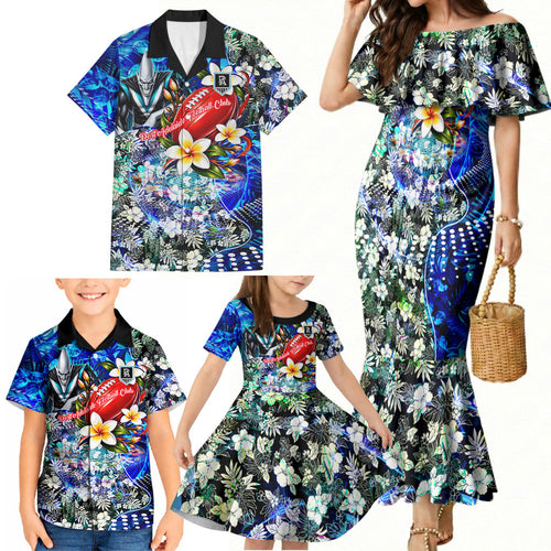 Personalized Port Adelaide Football Power Family Matching Mermaid Dress and Hawaiian Shirt Tropical Hibiscus Flowers - Pacific Fusion Style