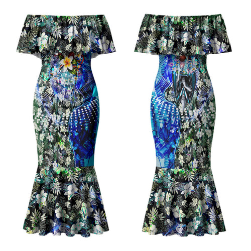 Personalized Port Adelaide Football Power Family Matching Mermaid Dress and Hawaiian Shirt Tropical Hibiscus Flowers - Pacific Fusion Style