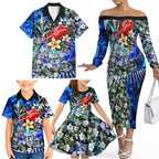 Personalized Port Adelaide Football Power Family Matching Off The Shoulder Long Sleeve Dress and Hawaiian Shirt Tropical Hibiscus Flowers - Pacific Fusion Style