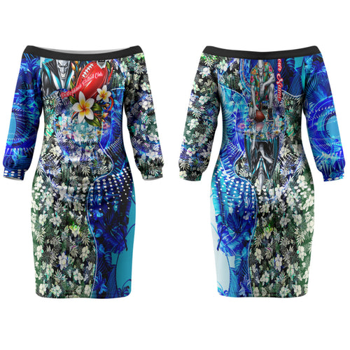 Personalized Port Adelaide Football Power Family Matching Off The Shoulder Long Sleeve Dress and Hawaiian Shirt Tropical Hibiscus Flowers - Pacific Fusion Style