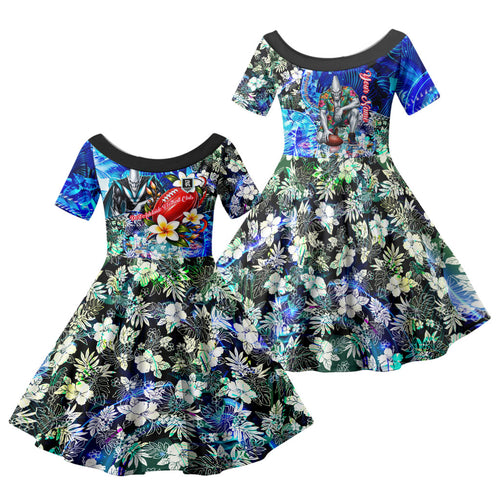Personalized Port Adelaide Football Power Family Matching Off The Shoulder Long Sleeve Dress and Hawaiian Shirt Tropical Hibiscus Flowers - Pacific Fusion Style