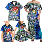 Personalized Port Adelaide Football Power Family Matching Off Shoulder Maxi Dress and Hawaiian Shirt Tropical Hibiscus Flowers - Pacific Fusion Style