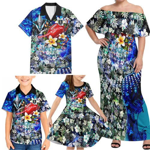 Personalized Port Adelaide Football Power Family Matching Off Shoulder Maxi Dress and Hawaiian Shirt Tropical Hibiscus Flowers - Pacific Fusion Style