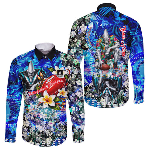 Personalized Port Adelaide Football Power Family Matching Off Shoulder Maxi Dress and Hawaiian Shirt Tropical Hibiscus Flowers - Pacific Fusion Style