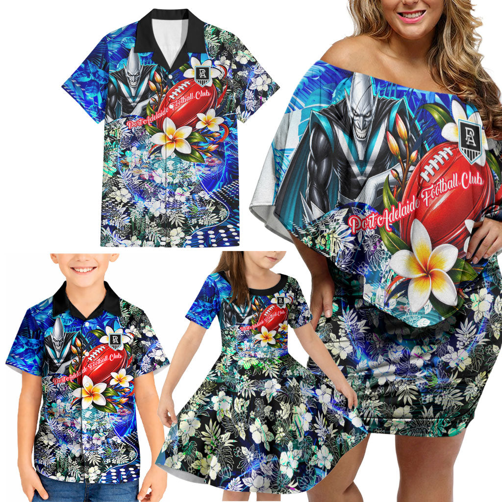 Personalized Port Adelaide Football Power Family Matching Off Shoulder Short Dress and Hawaiian Shirt Tropical Hibiscus Flowers - Pacific Fusion Style