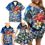 Personalized Port Adelaide Football Power Family Matching Off Shoulder Short Dress and Hawaiian Shirt Tropical Hibiscus Flowers - Pacific Fusion Style