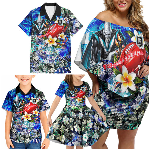 Personalized Port Adelaide Football Power Family Matching Off Shoulder Short Dress and Hawaiian Shirt Tropical Hibiscus Flowers - Pacific Fusion Style
