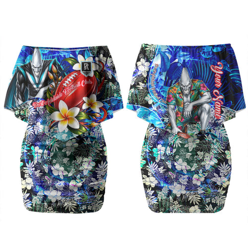 Personalized Port Adelaide Football Power Family Matching Off Shoulder Short Dress and Hawaiian Shirt Tropical Hibiscus Flowers - Pacific Fusion Style