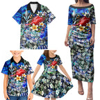 Personalized Port Adelaide Football Power Family Matching Puletasi and Hawaiian Shirt Tropical Hibiscus Flowers - Pacific Fusion Style