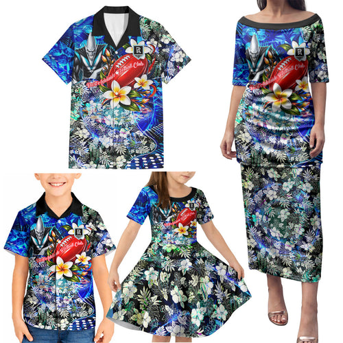 Personalized Port Adelaide Football Power Family Matching Puletasi and Hawaiian Shirt Tropical Hibiscus Flowers - Pacific Fusion Style