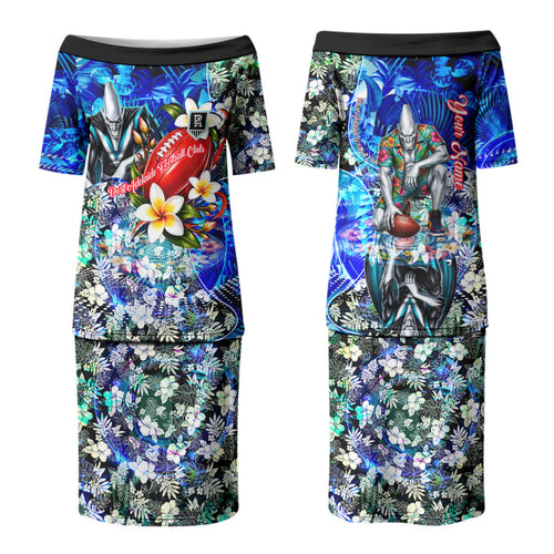 Personalized Port Adelaide Football Power Family Matching Puletasi and Hawaiian Shirt Tropical Hibiscus Flowers - Pacific Fusion Style