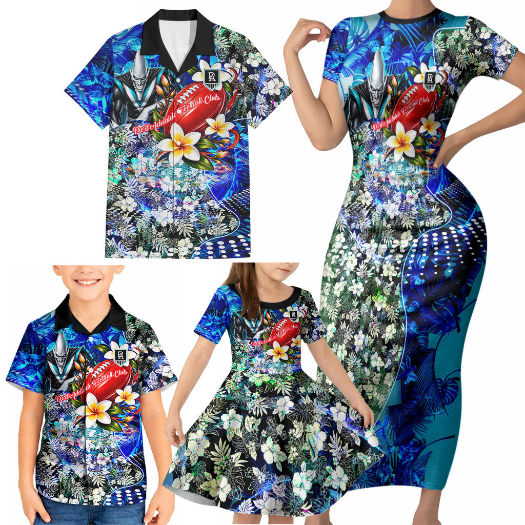 Personalized Port Adelaide Football Power Family Matching Short Sleeve Bodycon Dress and Hawaiian Shirt Tropical Hibiscus Flowers - Pacific Fusion Style