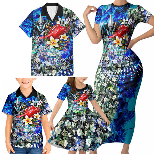 Personalized Port Adelaide Football Power Family Matching Short Sleeve Bodycon Dress and Hawaiian Shirt Tropical Hibiscus Flowers - Pacific Fusion Style