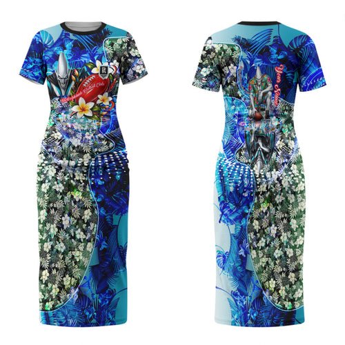 Personalized Port Adelaide Football Power Family Matching Short Sleeve Bodycon Dress and Hawaiian Shirt Tropical Hibiscus Flowers - Pacific Fusion Style