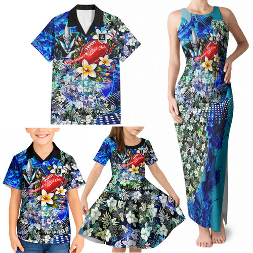 Personalized Port Adelaide Football Power Family Matching Tank Maxi Dress and Hawaiian Shirt Tropical Hibiscus Flowers - Pacific Fusion Style