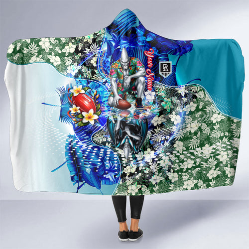 Personalized Port Adelaide Football Power Hooded Blanket Tropical Hibiscus Flowers - Pacific Fusion Style