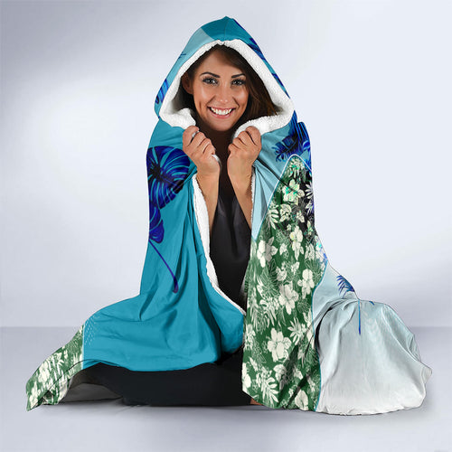 Personalized Port Adelaide Football Power Hooded Blanket Tropical Hibiscus Flowers - Pacific Fusion Style