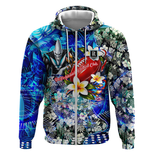 Personalized Port Adelaide Football Power Hoodie Tropical Hibiscus Flowers - Pacific Fusion Style