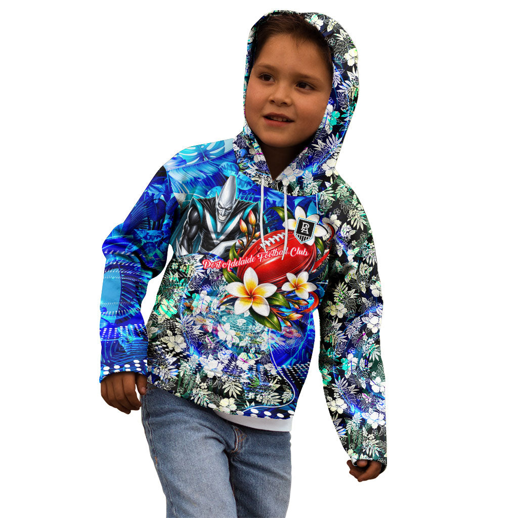 Personalized Port Adelaide Football Power Kid Hoodie Tropical Hibiscus Flowers - Pacific Fusion Style