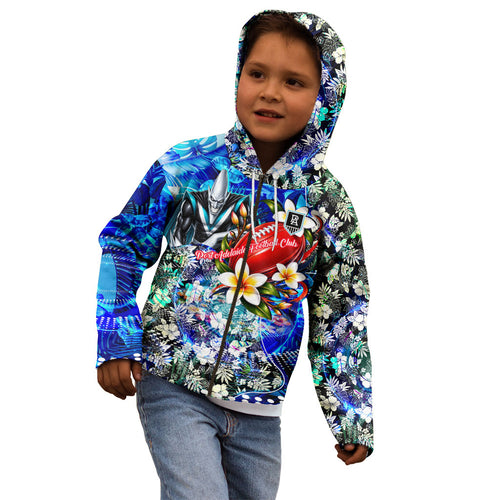 Personalized Port Adelaide Football Power Kid Hoodie Tropical Hibiscus Flowers - Pacific Fusion Style