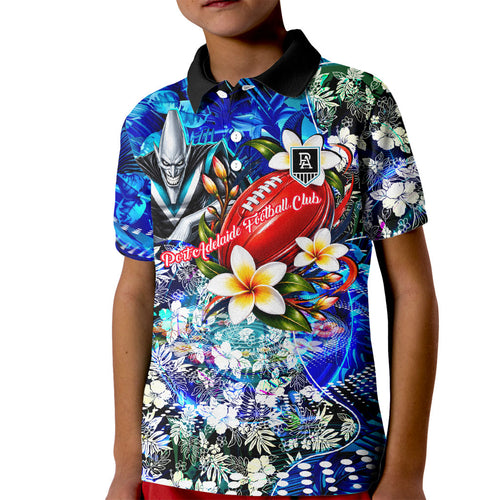 Personalized Port Adelaide Football Power Kid Polo Shirt Tropical Hibiscus Flowers - Pacific Fusion Style