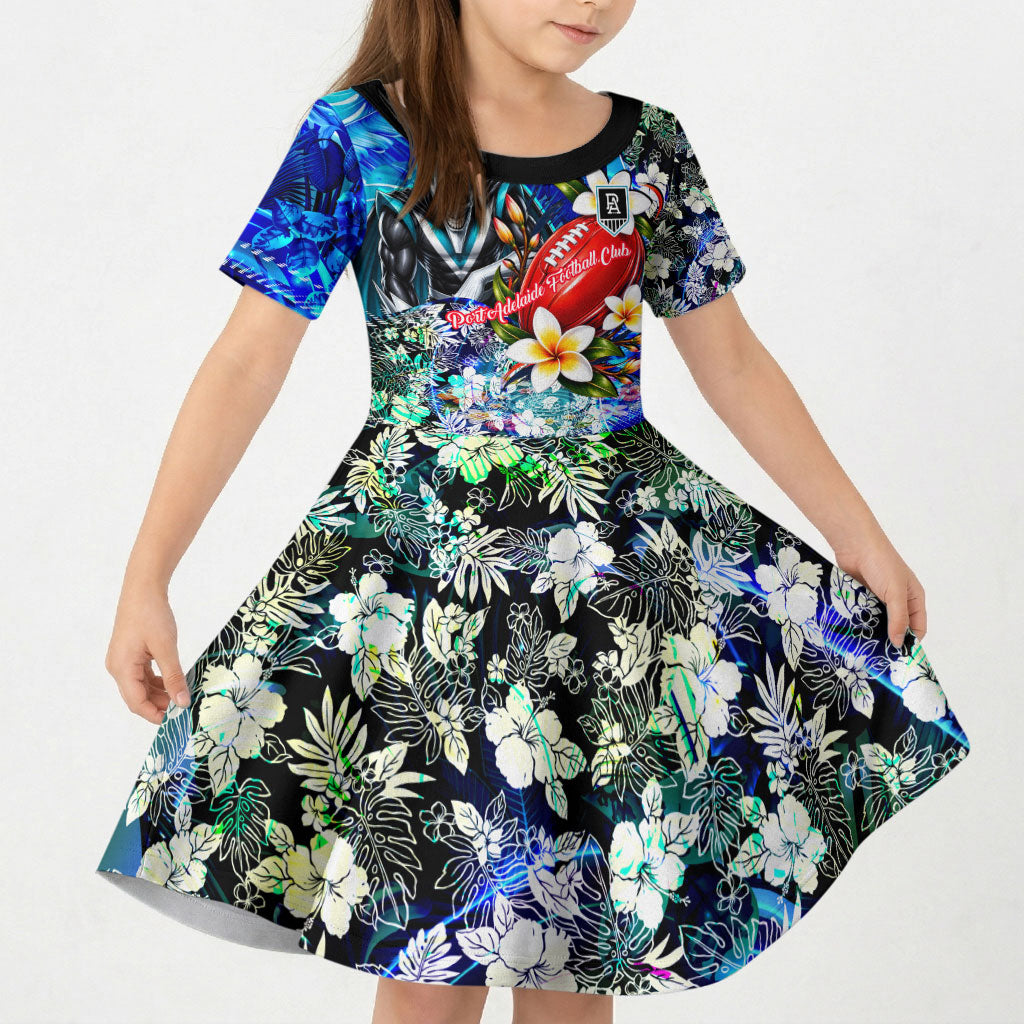 Personalized Port Adelaide Football Power Kid Short Sleeve Dress Tropical Hibiscus Flowers - Pacific Fusion Style