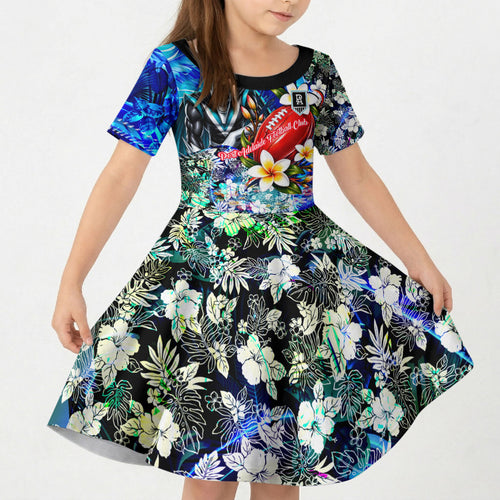 Personalized Port Adelaide Football Power Kid Short Sleeve Dress Tropical Hibiscus Flowers - Pacific Fusion Style