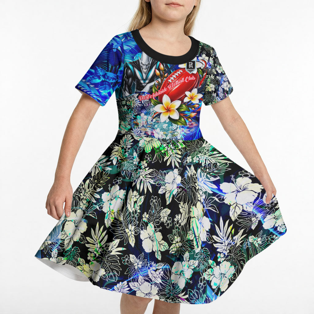 Personalized Port Adelaide Football Power Kid Short Sleeve Dress Tropical Hibiscus Flowers - Pacific Fusion Style
