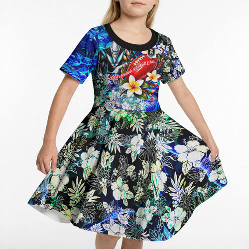 Personalized Port Adelaide Football Power Kid Short Sleeve Dress Tropical Hibiscus Flowers - Pacific Fusion Style