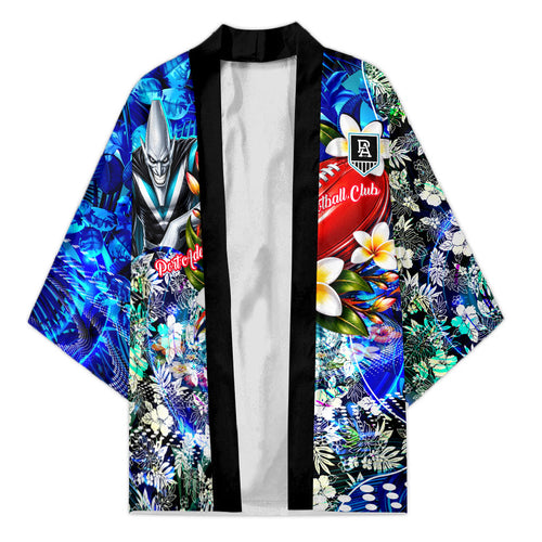 Personalized Port Adelaide Football Power Kimono Tropical Hibiscus Flowers - Pacific Fusion Style