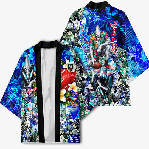 Personalized Port Adelaide Football Power Kimono Tropical Hibiscus Flowers - Pacific Fusion Style