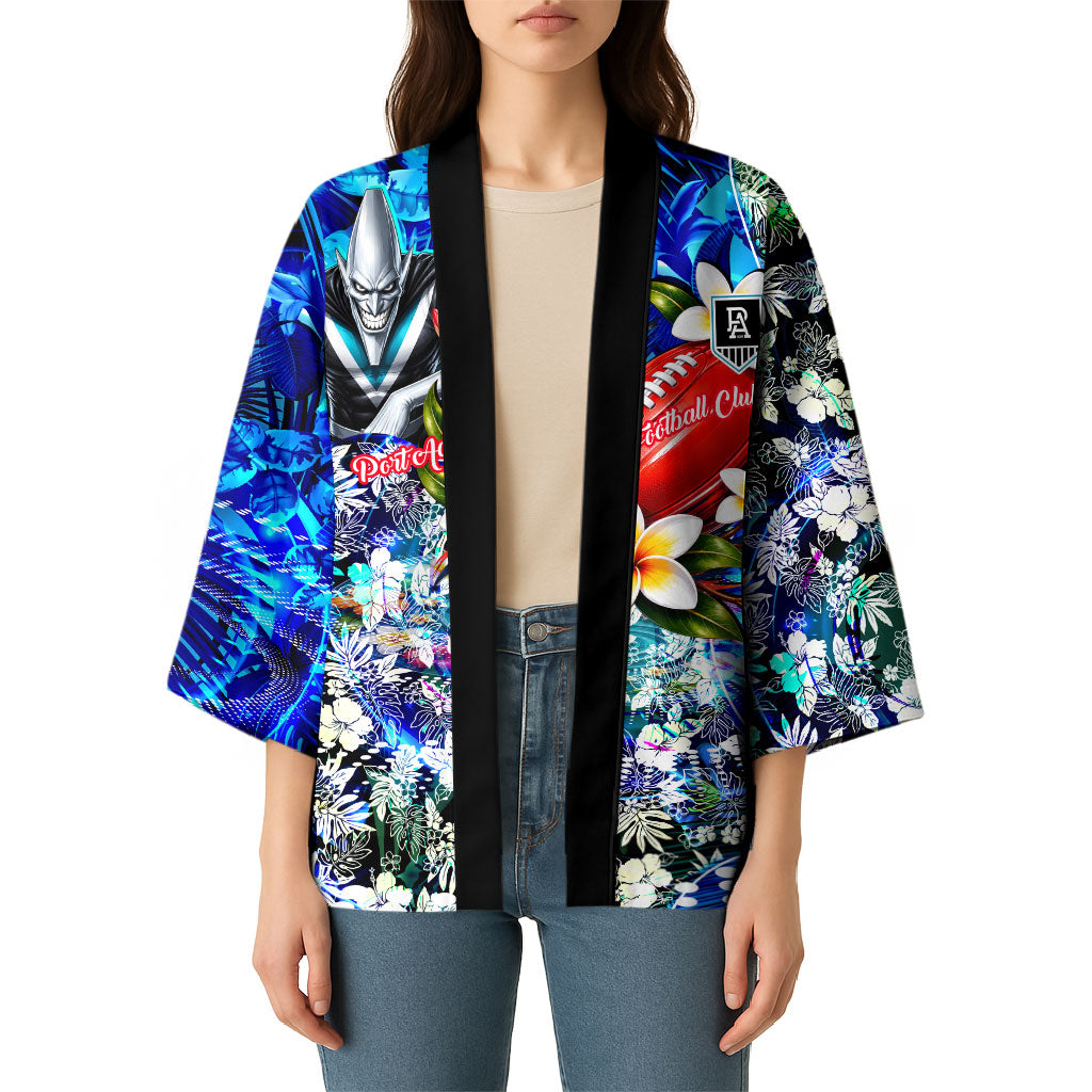 Personalized Port Adelaide Football Power Kimono Tropical Hibiscus Flowers - Pacific Fusion Style