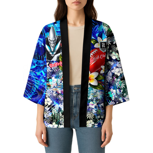Personalized Port Adelaide Football Power Kimono Tropical Hibiscus Flowers - Pacific Fusion Style