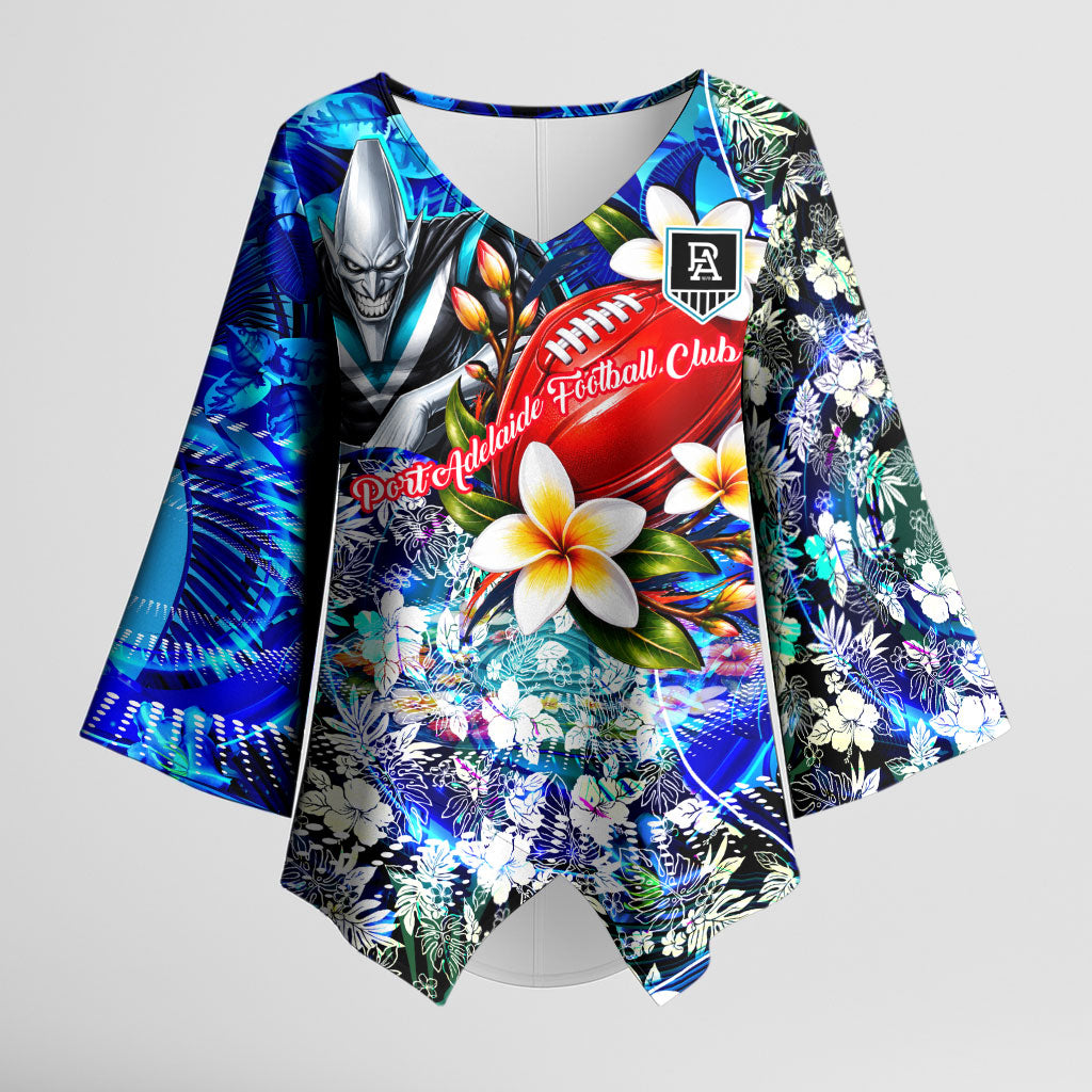 Personalized Port Adelaide Football Power Kimono Sleeve Blouse Tropical Hibiscus Flowers - Pacific Fusion Style